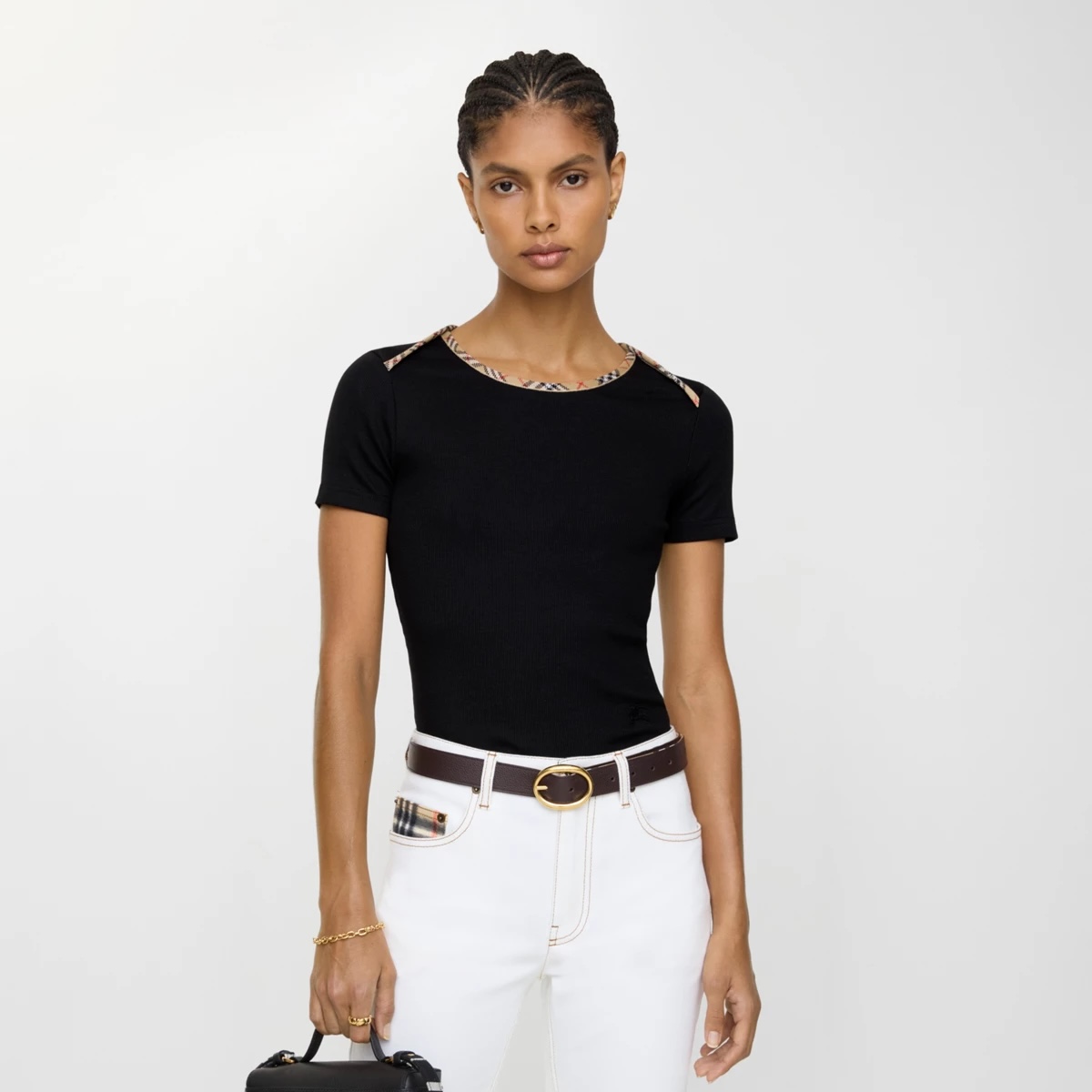 burberry check trim stretch cotton knit t-shirt